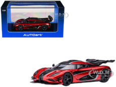 Koenigsegg One:1 Apple Red Metallic with Carbon and Silver Stripes 1/64 Model Car by Autoart