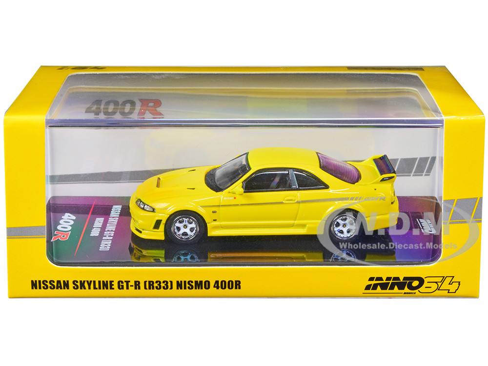 Nissan Skyline GT-R (R33) Nismo 400R RHD (Right Hand Drive) Lightning Yellow with Silver Stripes 1/64 Diecast Model Car by Inno Models