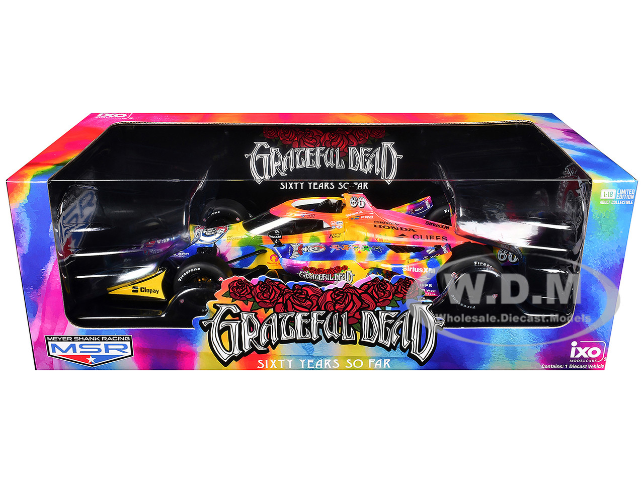 Dallara IndyCar #60 "Grateful Dead - Sixty Years So Far" Tie-Dye Livery "Meyer Shank Racing" (Road Course Configuration) 1/18 Diecast Model Car by IXO