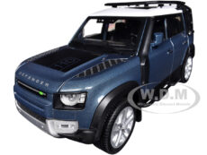 Land Rover Defender 110 Blue Metallic with White Top and Roof Rack 1/18 Diecast Model Car by Heimanba